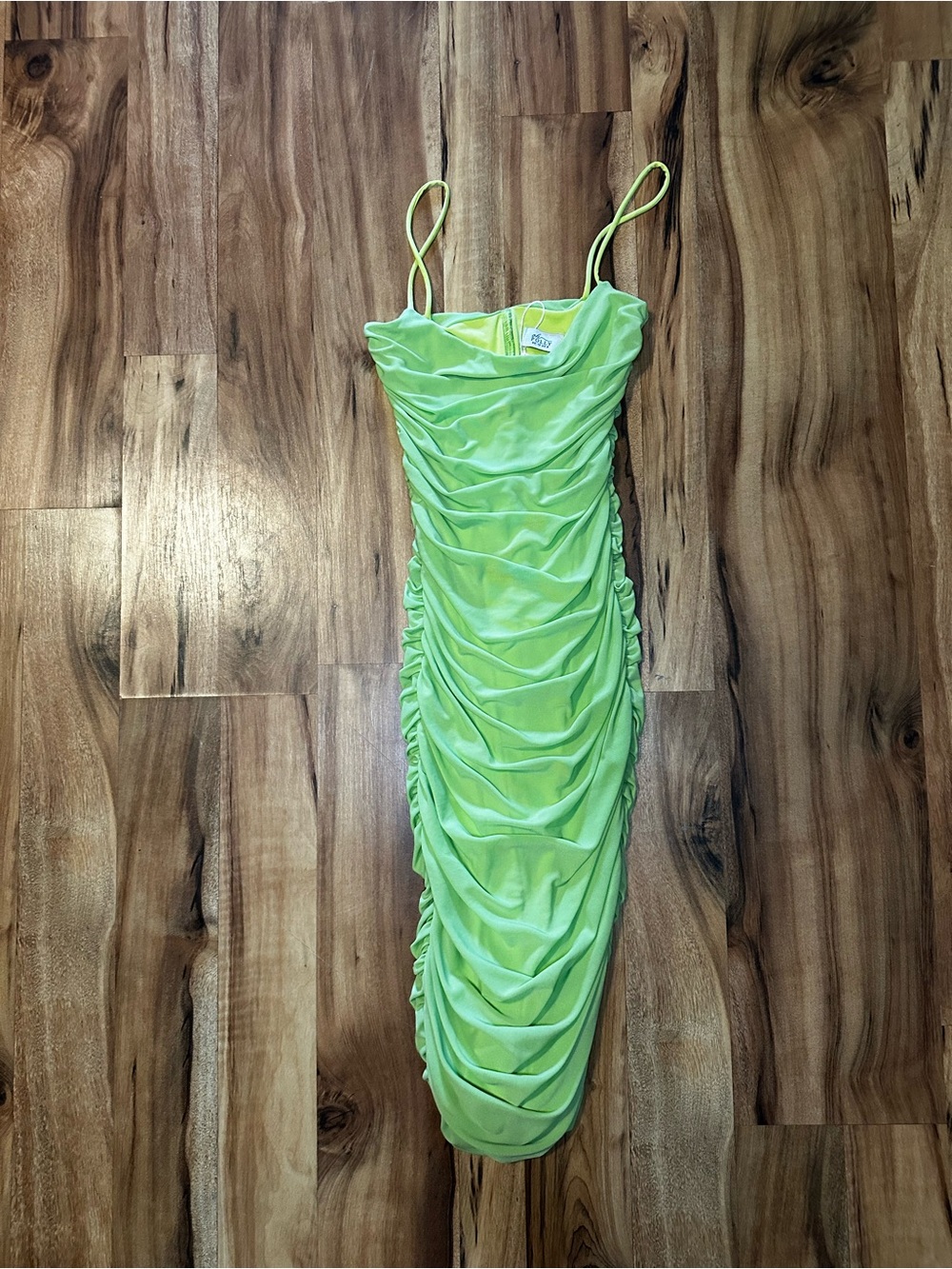 Oh Polly Dress Womens US 8 Neon Green Ruched Cowl Neck Bodycon Midi Y2K - Picture 3 of 9